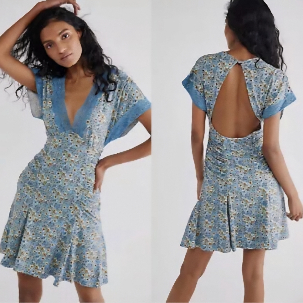 Free People Sweet Talker Mini Dress Floral Blue Large - Picture 1 of 7